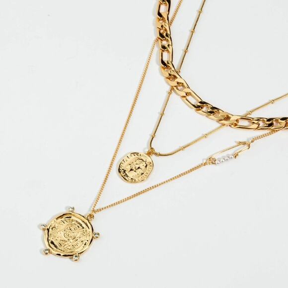 Women's Gold-Tone Multi-Layer Geometric Medallion Statement Necklace - NWOT - Picture 3 of 6